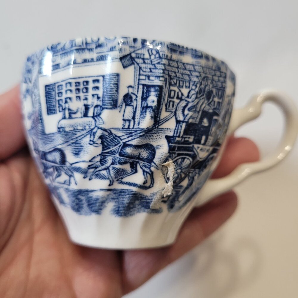 Vintage Coaching Scenes Tea Cup Blue White